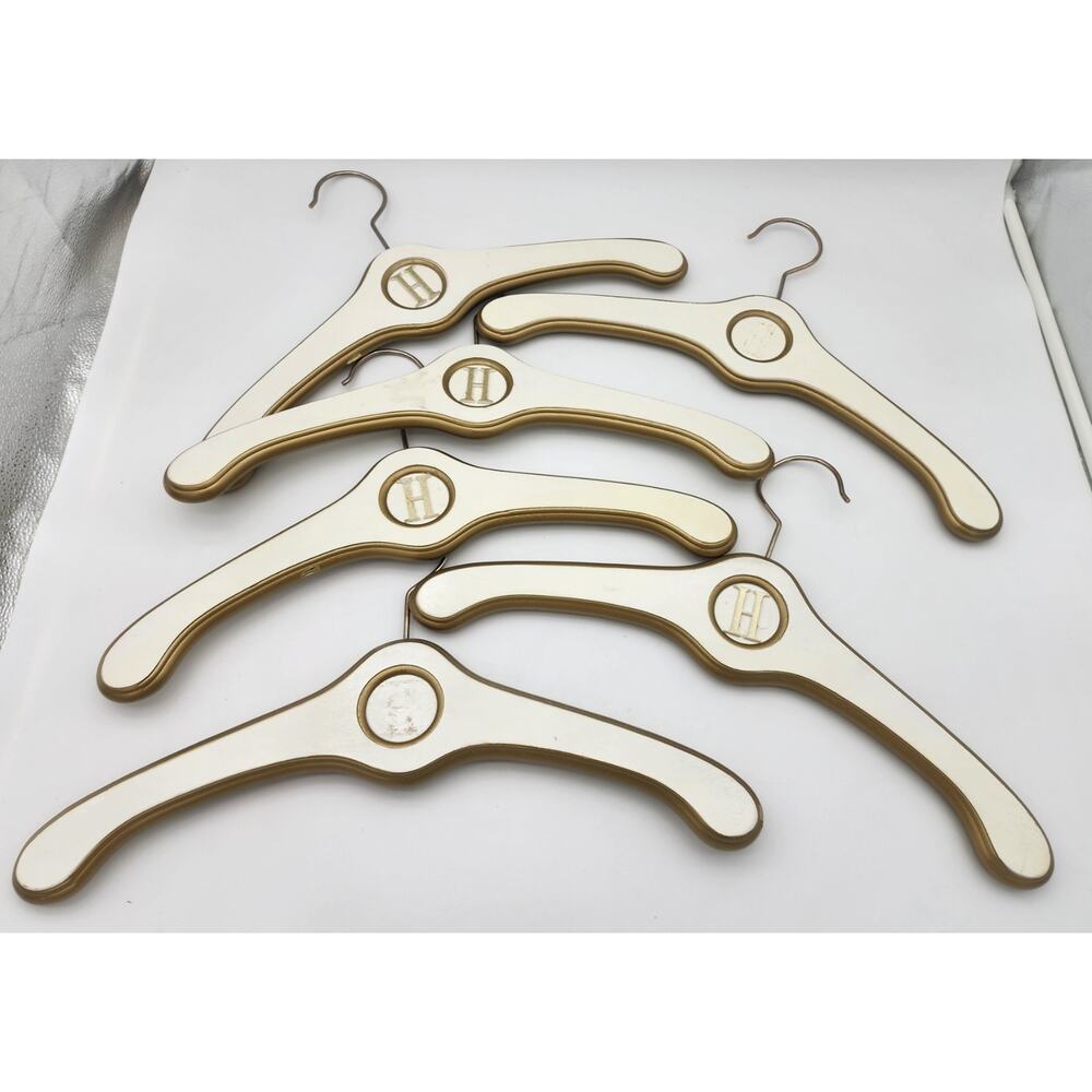 Vtg Lot of 6 Wood Coat Hangers White Gold Hollywood Regency Hotels 1950's
